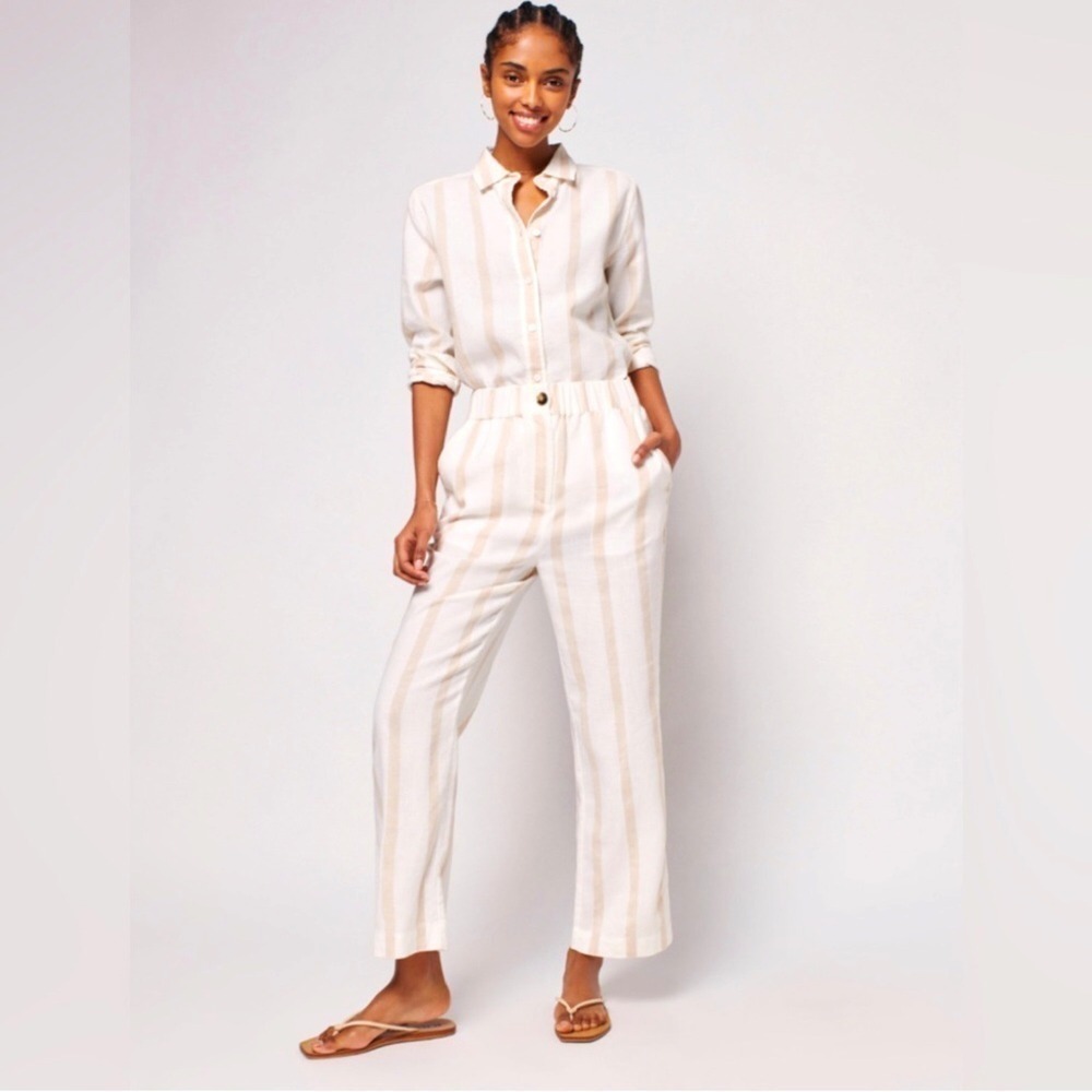 Faherty Malibu Linen Blend Pants Striped Beige Size‎ XS High Rise Coastal Beach